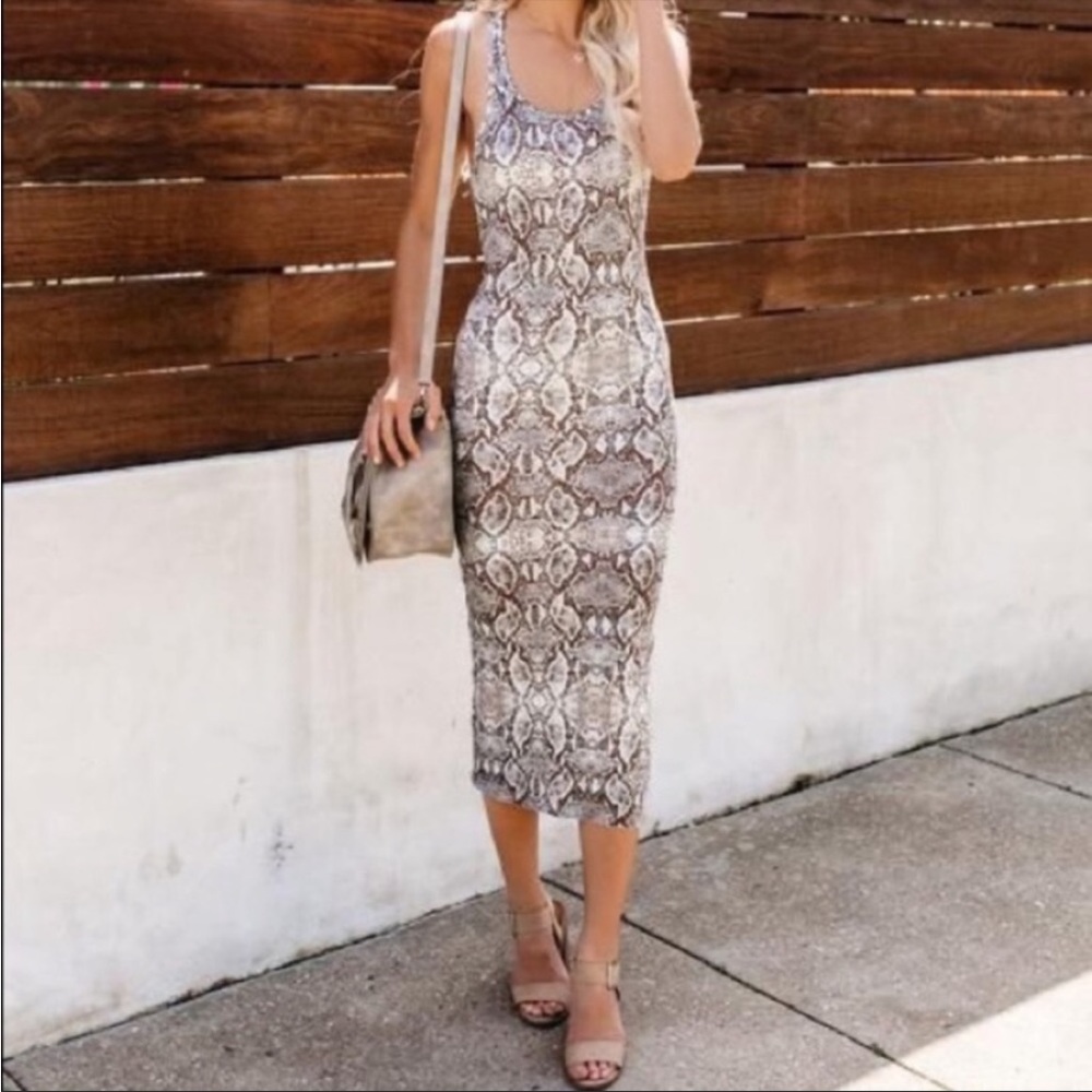 Vici Beige and Brown Snake Print Midi Dress